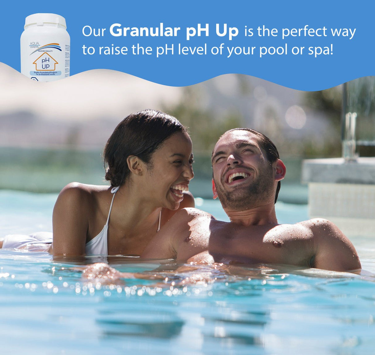 Aqua Coastal pH Up pool chemical bottle used for raising pool and spa water pH levels quickly.
