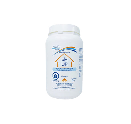 Aqua Coastal pH Up pool chemical bottle for raising water pH levels in pools and spas, with label and cap visible.