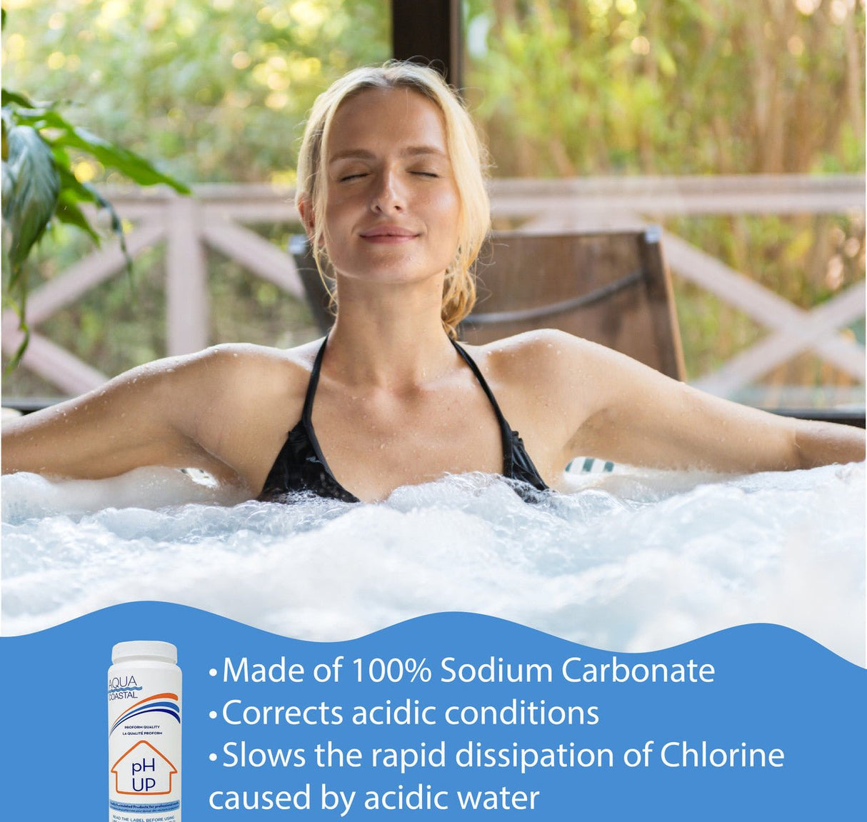 Aqua Coastal pH Up pool chemical bottle used for raising water pH levels in swimming pools and spas.