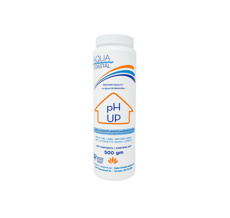 Aqua Coastal pH Up pool chemical bottle used for raising water pH levels in pool and spa water.