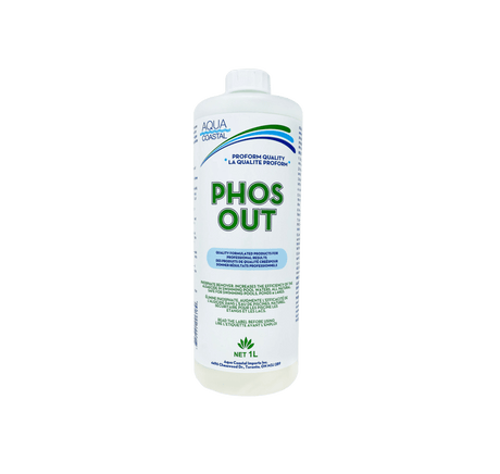 Aqua Coastal Phos-Out 1L phosphate removal pool chemical bottle for eliminating phosphates and maintaining clean pool water.