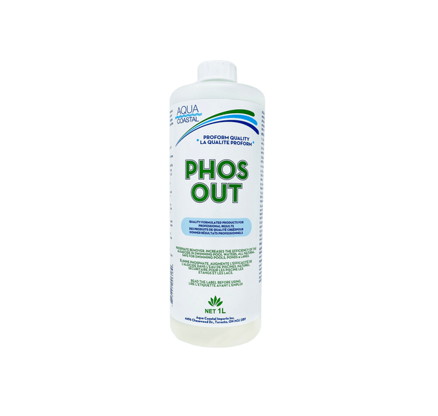 Aqua Coastal Phos-Out 1L phosphate removal pool chemical bottle for eliminating phosphates and maintaining clean pool water.