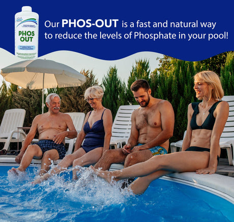 Aqua Coastal Phos-Out 1L phosphate removal pool chemical bottle for reducing phosphates and clarifying swimming pool water.