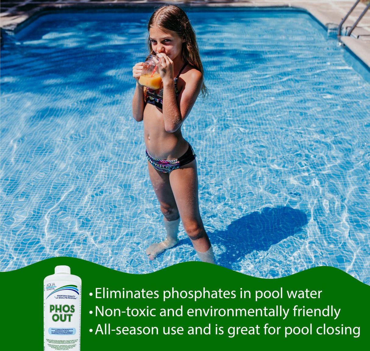 Aqua Coastal Phos-Out 1L phosphate removal pool chemical bottle for cleaner, algae-free pool water.