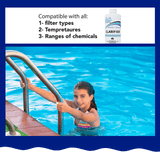 Aqua Coastal pool clarifier bottle for bright, clean, and sparkling pool water with clear label and blue cap.