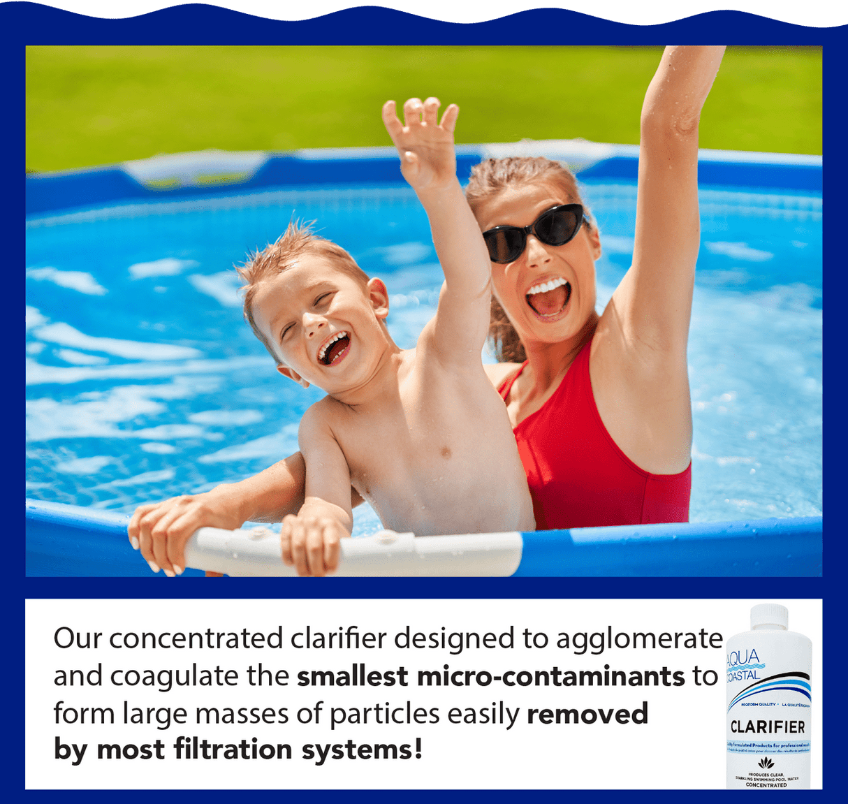 Aqua Coastal pool clarifier bottle for brighter, cleaner pool water, with clear liquid visible in the image.