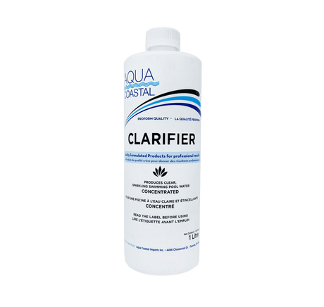 Aqua Coastal pool clarifier in a bottle, designed to brighten and clarify swimming pool water for a sparkling clean look.