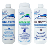 Aqua Coastal pool closing chemical kit with bottles and supplies for winterizing outdoor swimming pools.
