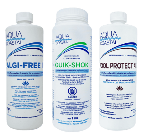 Aqua Coastal pool closing chemical kit with bottles and supplies for winterizing outdoor swimming pools.