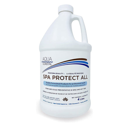 Aqua Coastal Pool Protect All water conditioner bottle for preventing stains and scale in swimming pools.