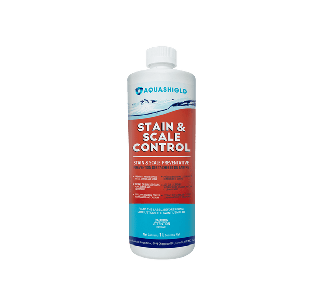 Aqua Coastal Pool Protect All pool water conditioner bottle, used for preventing stains and scale in swimming pools.