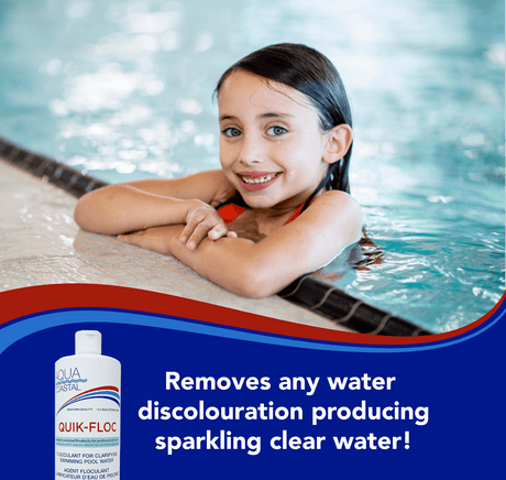 Aqua Coastal Quik Floc Pool Clarifier 1L bottle for fast water cleanup and clarity in swimming pools.