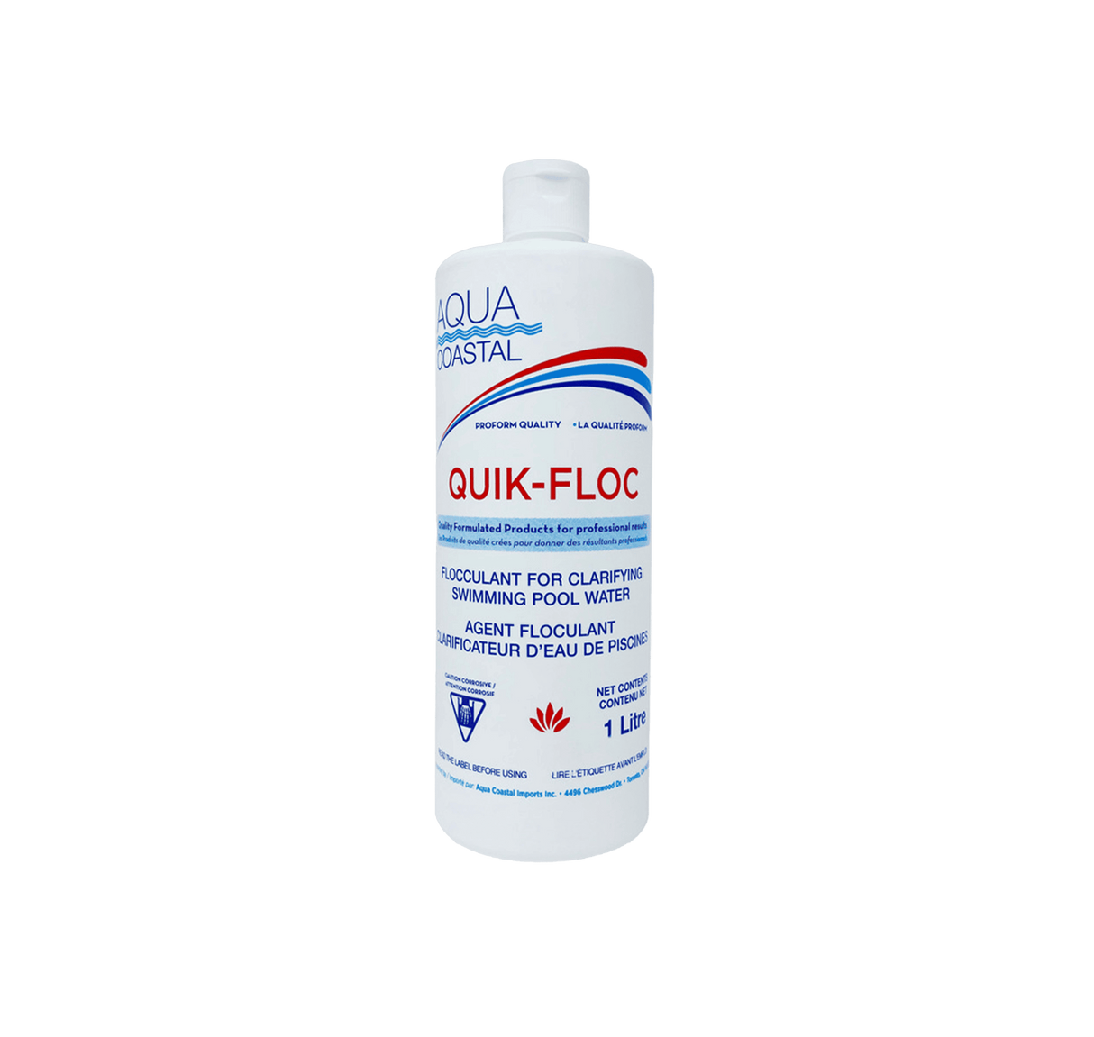 Aqua Coastal Quik Floc Pool Clarifier 1L bottle for fast water cleanup, shown with clarity and safety features.
