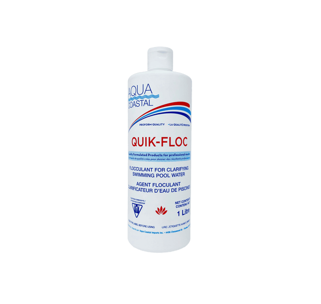 Aqua Coastal Quik Floc Pool Clarifier 1L bottle for fast water cleanup, shown with clarity and safety features.