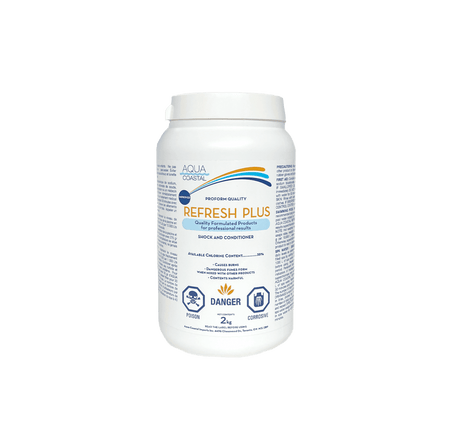 Aqua Coastal Refresh Pool & Spa Shock bottle, a pool chemical for fast weekly water recovery, with blue liquid inside a clear container.