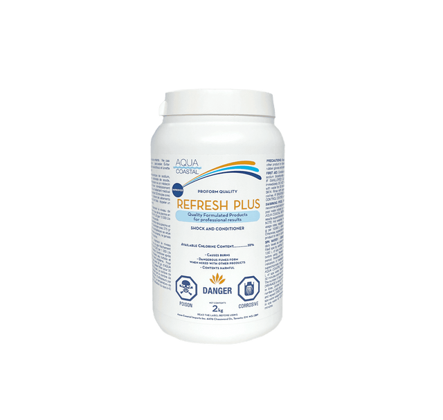Aqua Coastal Refresh Pool & Spa Shock bottle, a pool chemical for fast weekly water recovery, with blue liquid inside a clear container.