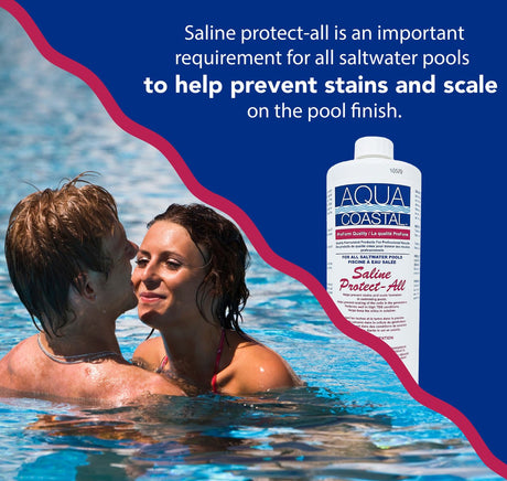 Aqua Coastal Saline Protect-All Specialty Pool Chemical 1L for saltwater pool care, showing the chemical container and label.