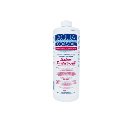 Aqua Coastal Saline Protect-All Specialty Pool Chemical 1L for salt pool care, shown in clear plastic bottle with label.