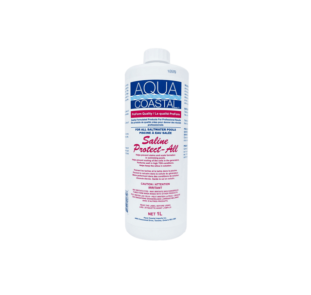 Aqua Coastal Saline Protect-All Specialty Pool Chemical 1L for salt pool care, shown in clear plastic bottle with label.