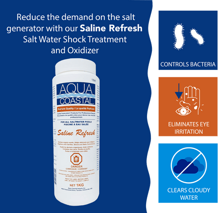 Aqua Coastal saline refresh salt water pool shock 1kg container, pool chemicals for water sanitation and maintenance