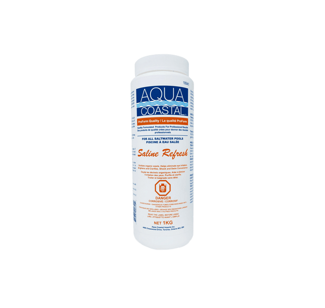 Aqua Coastal saline refresh salt water pool shock 1kg container, pool chemicals for maintaining clean saltwater pools