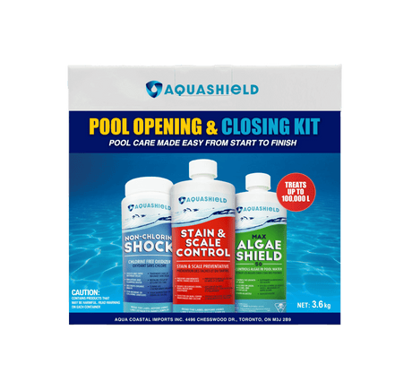 Aqua Coastal Spring Pool Opening Kit with essential tools and chemicals for complete seasonal pool startup care.