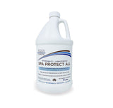 Aqua Coastal Spa Protect All water conditioner bottle for spa chemicals, preventing stains and scale buildup in hot tubs.