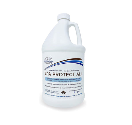 Aqua Coastal Spa Protect All spa water conditioner bottle, designed to prevent stain and scale buildup in hot tubs.