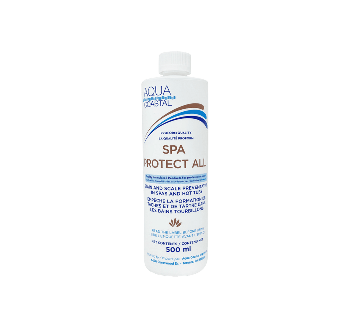 Aqua Coastal Spa Protect All Spa Water Conditioner for stain and scale prevention, shown in a bottle with spa chemicals.