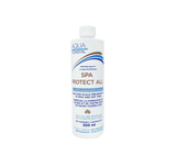 Aqua Coastal Spa Protect All Spa Water Conditioner for stain and scale prevention, shown in a bottle with spa chemicals.