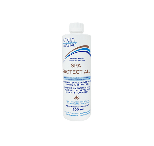 Aqua Coastal Spa Protect All Spa Water Conditioner for stain and scale prevention, shown in a bottle with spa chemicals.