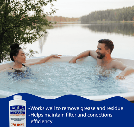 Aqua Coastal Spa Renu cleaning solution for hot tub plumbing and jet lines, shown in a clear bottle with label.
