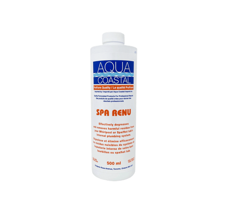 Aqua Coastal Spa Renu bottle for hot tub plumbing and jet line cleaning, with a clear label and nozzle applicator.
