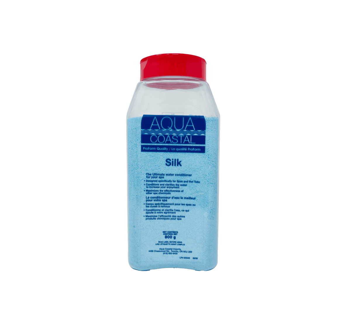 Aqua Coastal Spa Silk Spa Water Conditioner bottle for soft, balanced water in a clear container with a blue label.