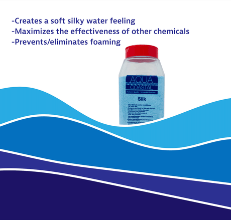 Aqua Coastal Spa Silk Spa Water Conditioner for soft, balanced water, shown in a clear bottle with a blue label.