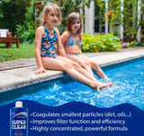 Aqua Coastal Super Clear Pool 1L pool clarifier bottle for fast water polishing in an outdoor swimming pool.