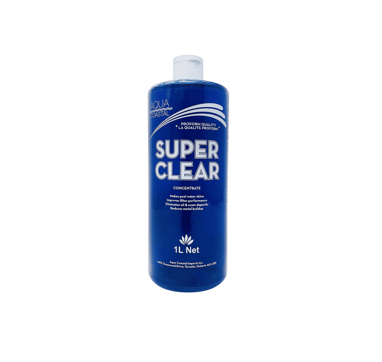 Aqua Coastal Super Clear Pool 1L pool clarifier for fast water cleaning, showing a clear container of pool chemicals.