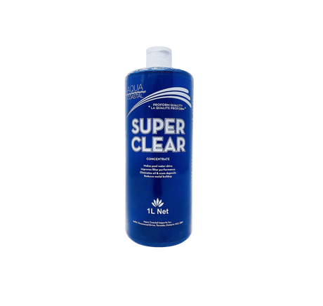 Aqua Coastal Super Clear Pool 1L pool clarifier for fast water cleaning, showing a clear container of pool chemicals.