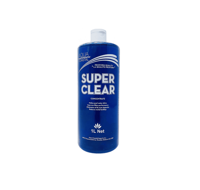 Aqua Coastal Super Clear Pool 1L pool clarifier for fast water cleaning, showing a clear container of pool chemicals.