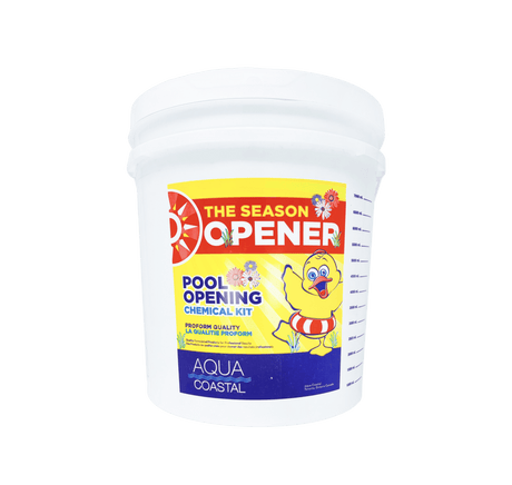 Aqua Coastal salt water pool opening kit with chemicals and tools for pool startup and maintenance.