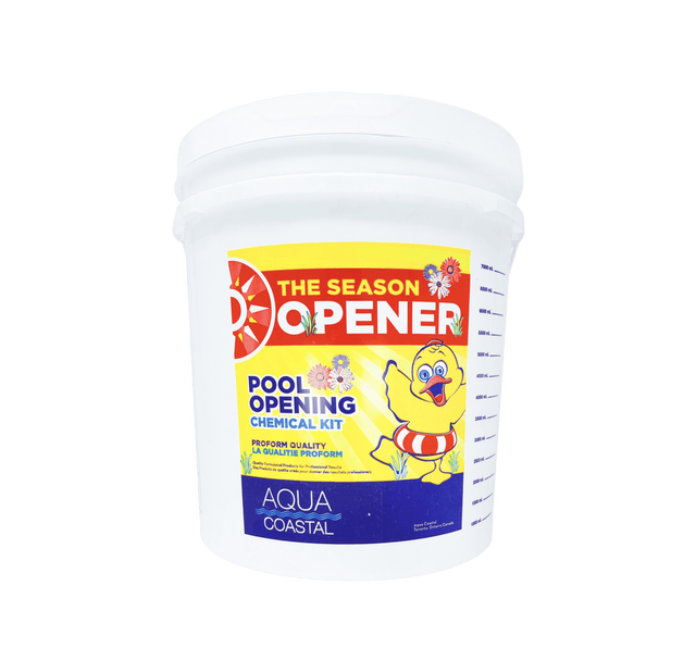 Aqua Coastal salt water pool opening kit with chemicals and tools for pool startup and maintenance.