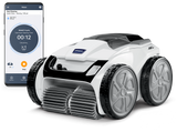 Polaris VRX iQ+ smart robotic pool cleaner gliding over pool surface, showcasing its sleek design and cleaning features.